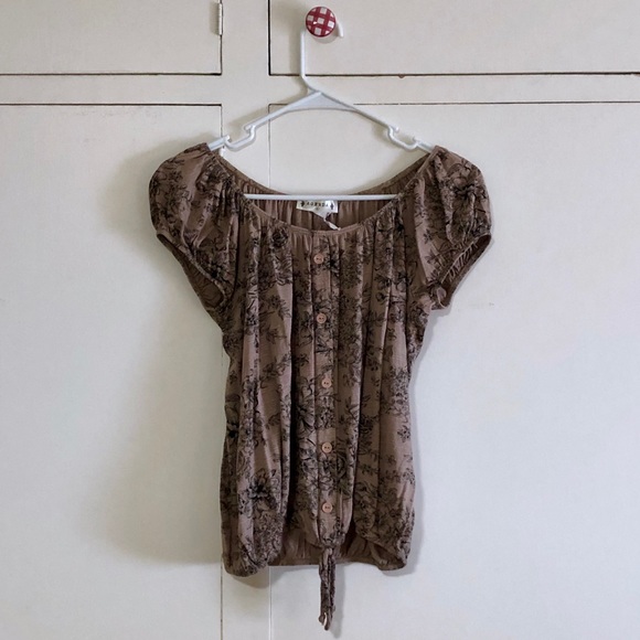 Vintage Tan Off-the-Shoulder Flower Print Blouse - Picture 3 of 4